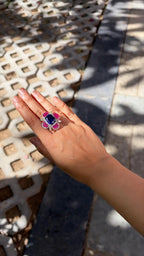 18k White Gold Diamond Cocktail Ring - Natural Tanzanite & Mozambique Ruby Handmade Ring