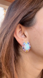 Ethiopian Opal, Tanzanite & Multi Sapphire Stud Earrings - 18k White Gold Diamond Earrings
