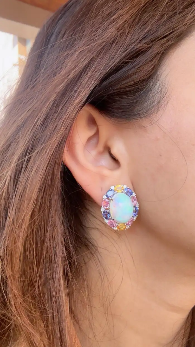 Ethiopian Opal, Tanzanite & Multi Sapphire Stud Earrings - 18k White Gold Diamond Earrings