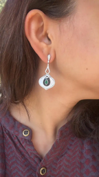 18k White Gold Zambian Emerald Dangle Earrings - Natural Diamond, Black Onyx & Pearl Wedding Earrings