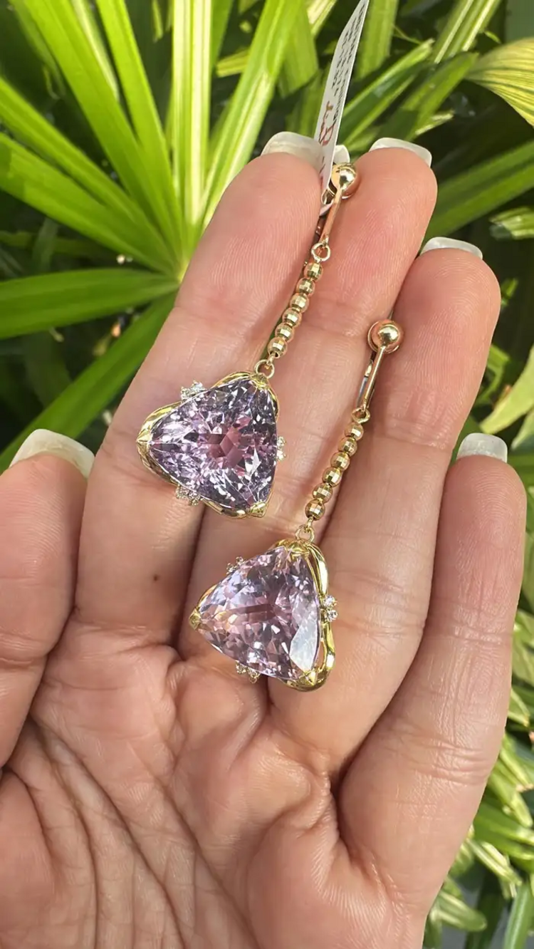 Natural Kunzite & Diamond Dangle Earrings - 18k Yellow Gold Dangle Earrings
