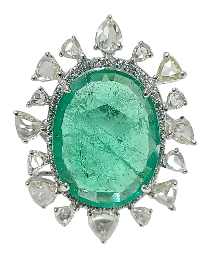 18k White Gold Rose Cut Diamond Ring - Natural Emerald Statement Ring Hover Image