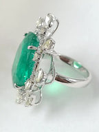 18k White Gold Rose Cut Diamond Ring - Natural Emerald Statement Ring