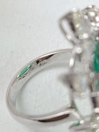 18k White Gold Rose Cut Diamond Ring - Natural Emerald Statement Ring