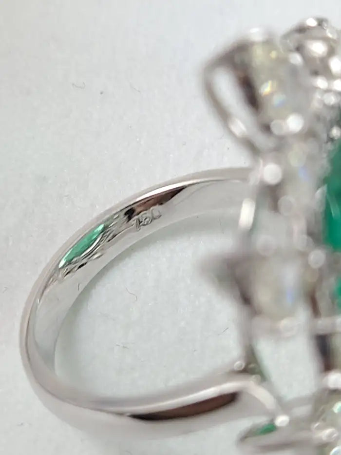 18k White Gold Rose Cut Diamond Ring - Natural Emerald Statement Ring