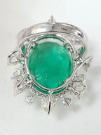 18k White Gold Rose Cut Diamond Ring - Natural Emerald Statement Ring