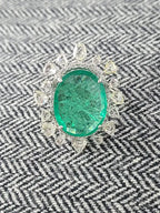 18k White Gold Rose Cut Diamond Ring - Natural Emerald Statement Ring