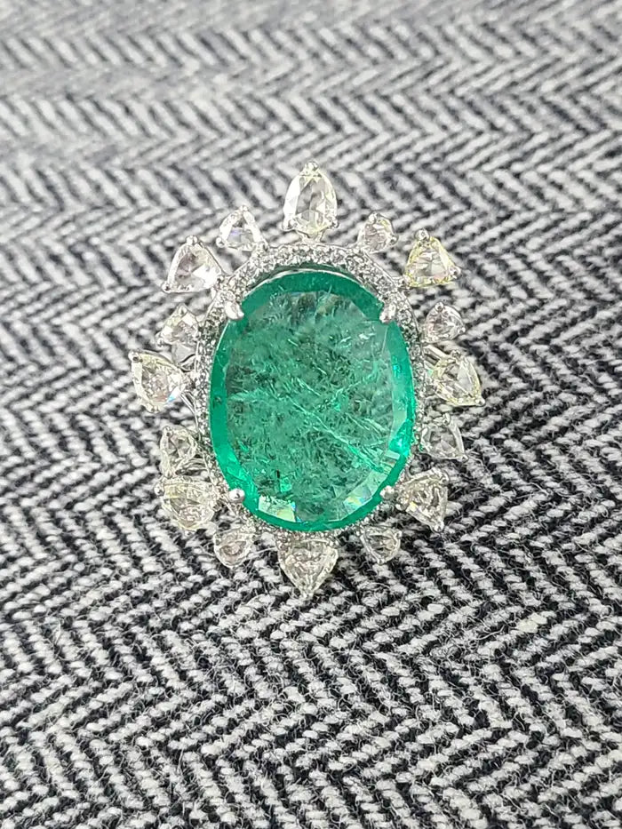 18k White Gold Rose Cut Diamond Ring - Natural Emerald Statement Ring