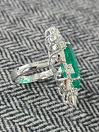 18k White Gold Rose Cut Diamond Ring - Natural Emerald Statement Ring