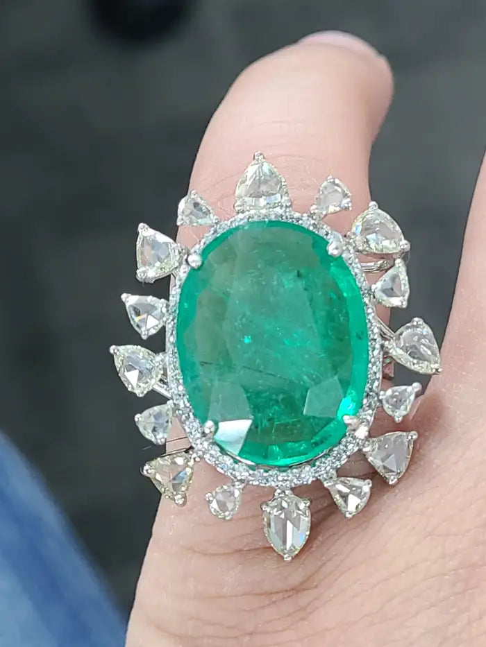 18k White Gold Rose Cut Diamond Ring - Natural Emerald Statement Ring