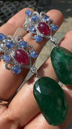 18k White Gold Diamond Dangle Earrings - Natural Blue Sapphire, Mozambique Ruby & Zambian Emerald Tumble Earrings