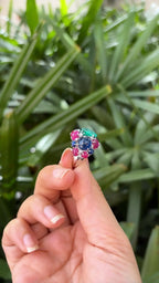 18k White Gold Diamond Cluster Ring - Natural Emerald, Ruby & Blue Sapphire Gemstone Ring