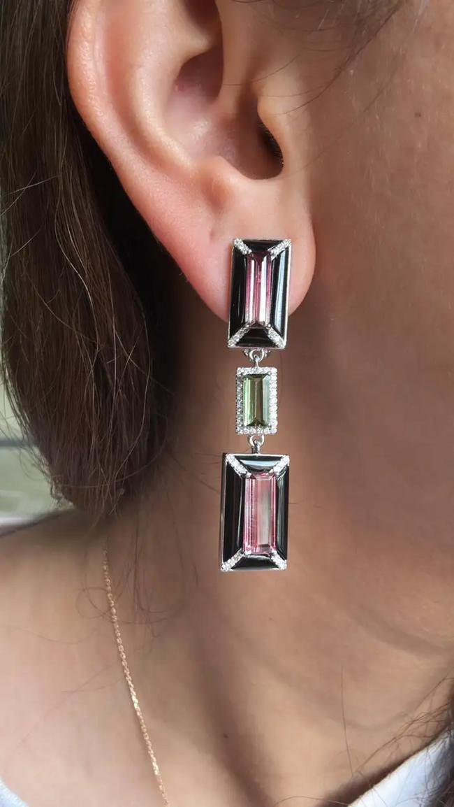 18k White Gold Diamond Dangle Earrings - Natural Tourmaline & Black Onyx Dangle Earrings Main Image