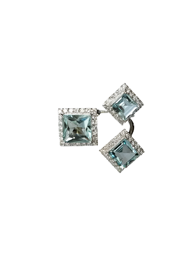 3.80 Ct. Aquamarine Gemstone Three Stone Cocktail Ring - 18k White Gold Diamond Ring Hover Image