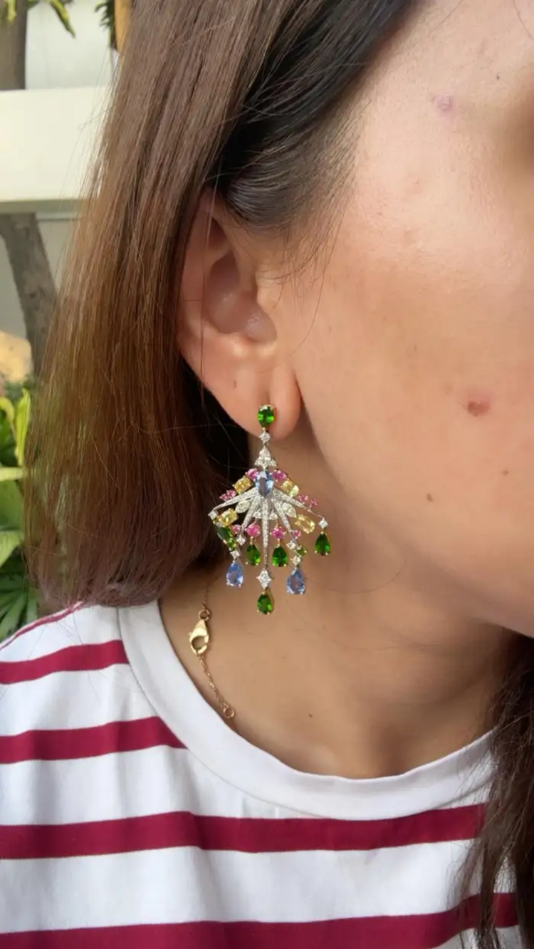 18k White Gold Diamond Chandelier Earring - Natural Multi Sapphire Dangle Earrings