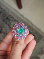 Colombian Emerald & Diamond Cocktail Ring - 18k White Gold Pink & Blue Sapphire Statement Ring
