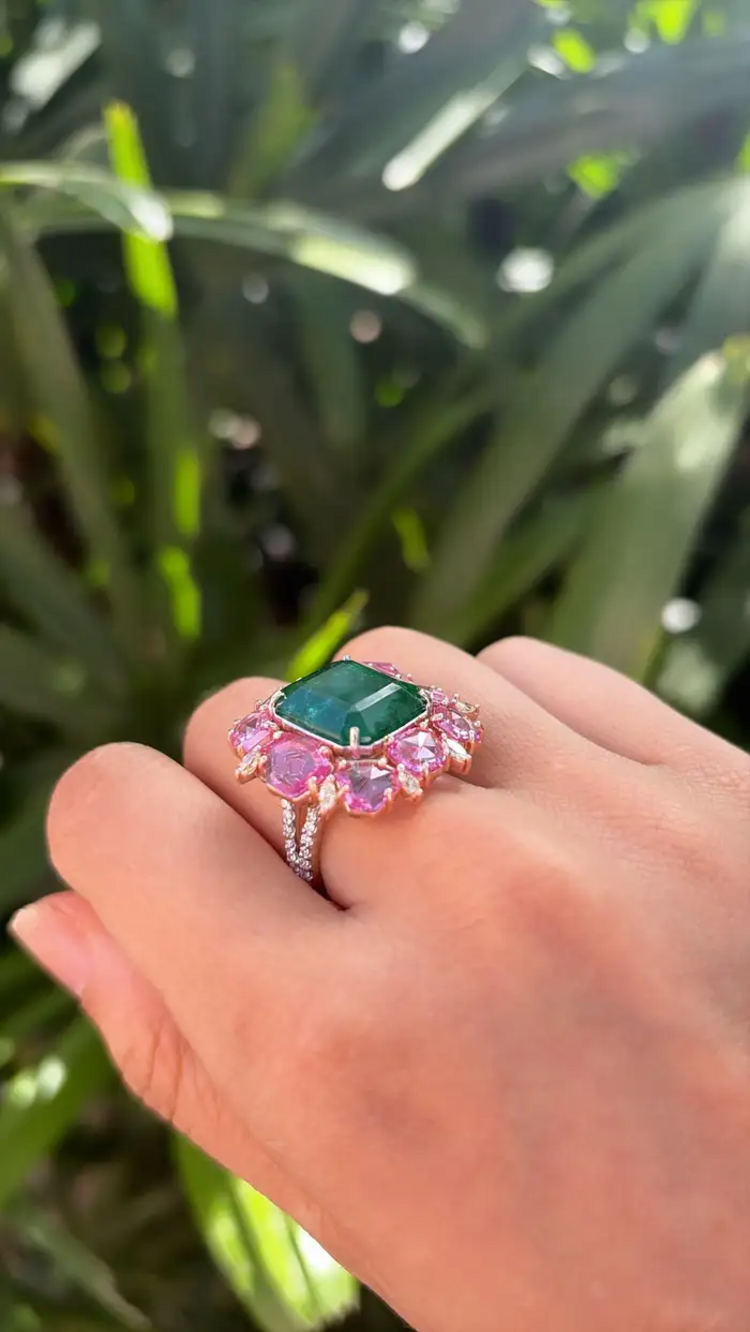 18k Two Tone Gold Ring - Natural Zambian Emerald, Pink Sapphire & Diamond Cocktail Ring