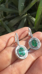 18k Matte Gold Handmade Earrings - Natural Zambian Emerald & Diamond Dangle Earrings