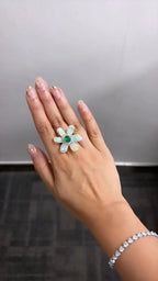 Ethiopian Opal & Zambian Emerald Floral Ring - 18k White Gold Diamond Ring