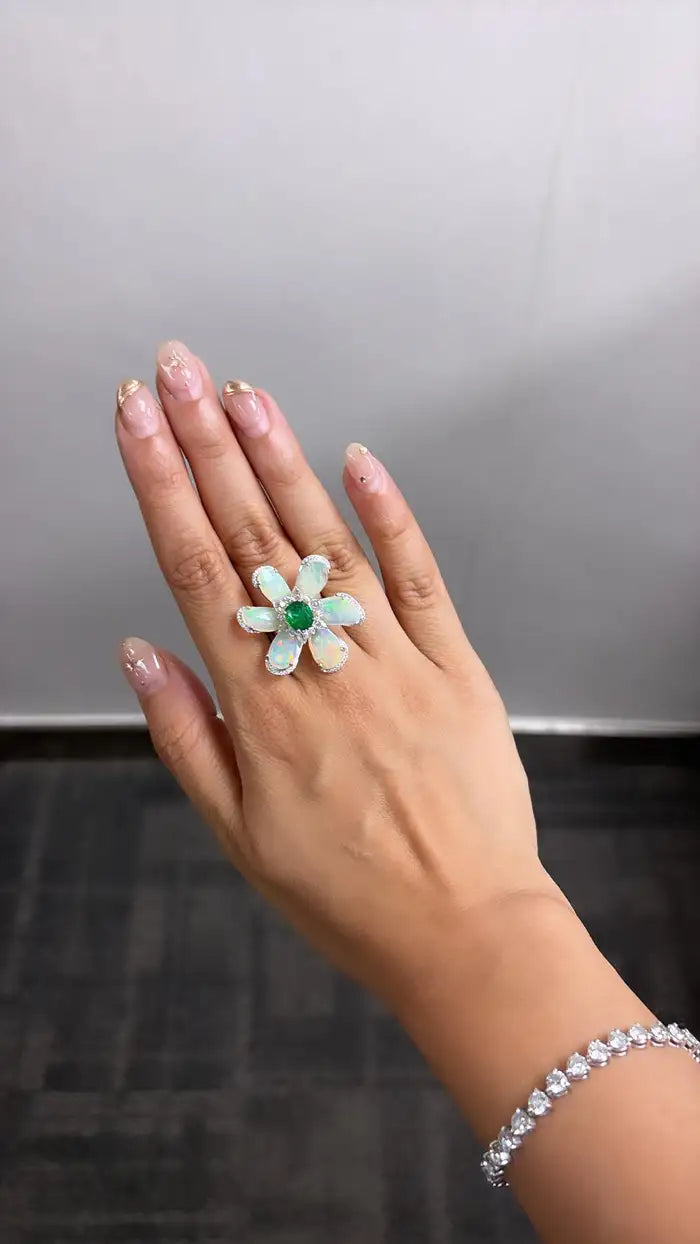 Ethiopian Opal & Zambian Emerald Floral Ring - 18k White Gold Diamond Ring
