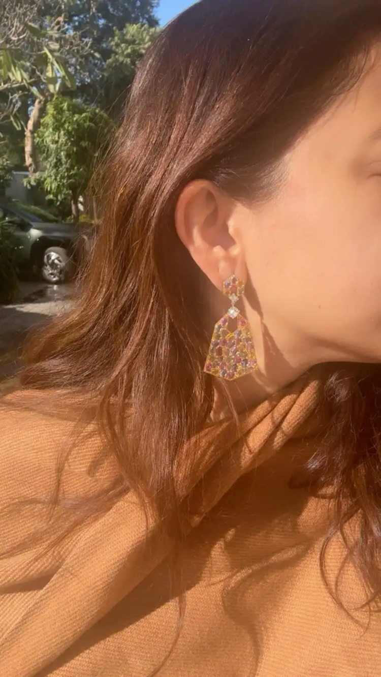 Natural Multi Sapphire & Diamond Dangle Earrings - 18k Matte Finish Earrings