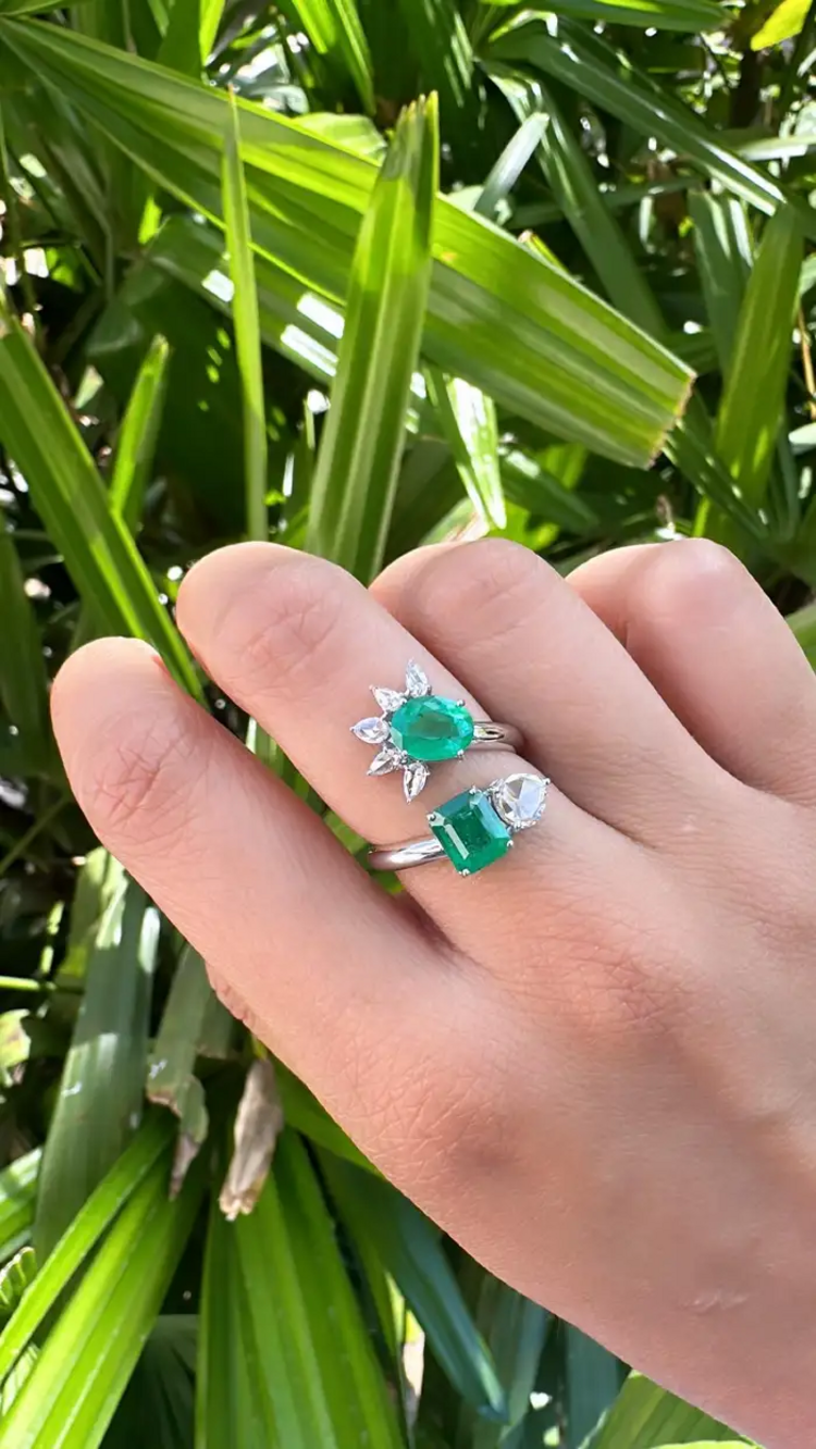 18k White Gold Ring - Natural Zambian Emerald Wrap Ring - Rose Cut Diamond Cuff Ring