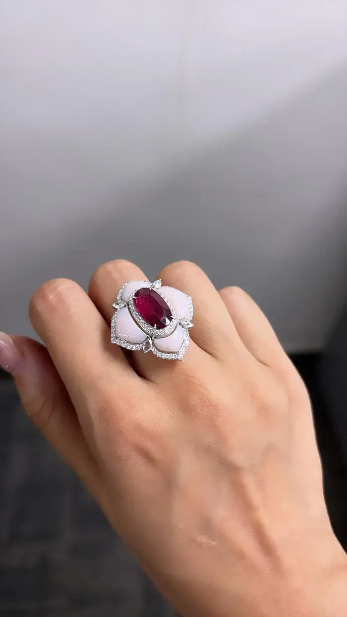 18k White Gold Diamond Ring - Natural Rubellite & Pink Opal Ring