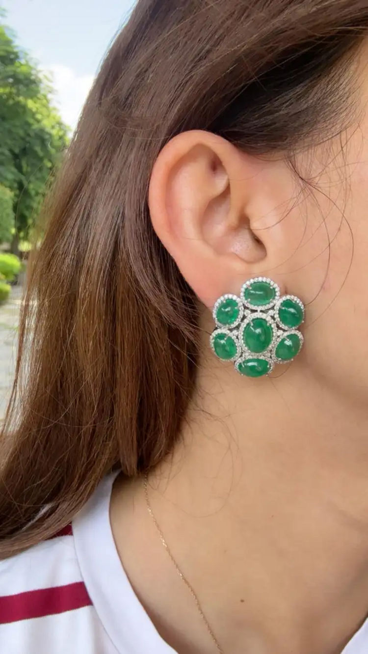 18k White Gold Diamond Stud Earrings - Natural Zambian Emerald Cabochons Earrings