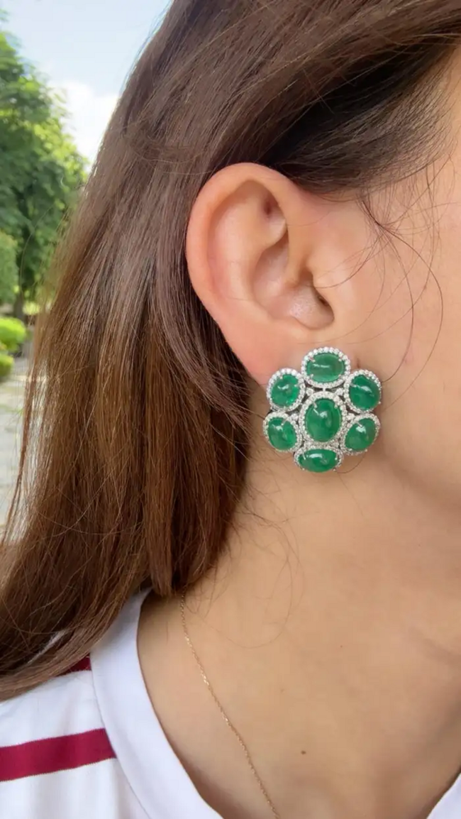 18k White Gold Diamond Stud Earrings - Natural Zambian Emerald Cabochons Earrings Main Image