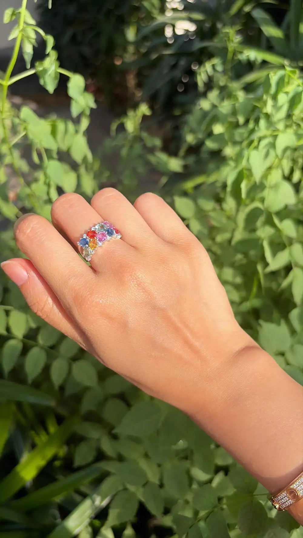 Natural Multi Sapphire & Diamond Band Ring - 18k White Gold Handmade Wedding Ring
