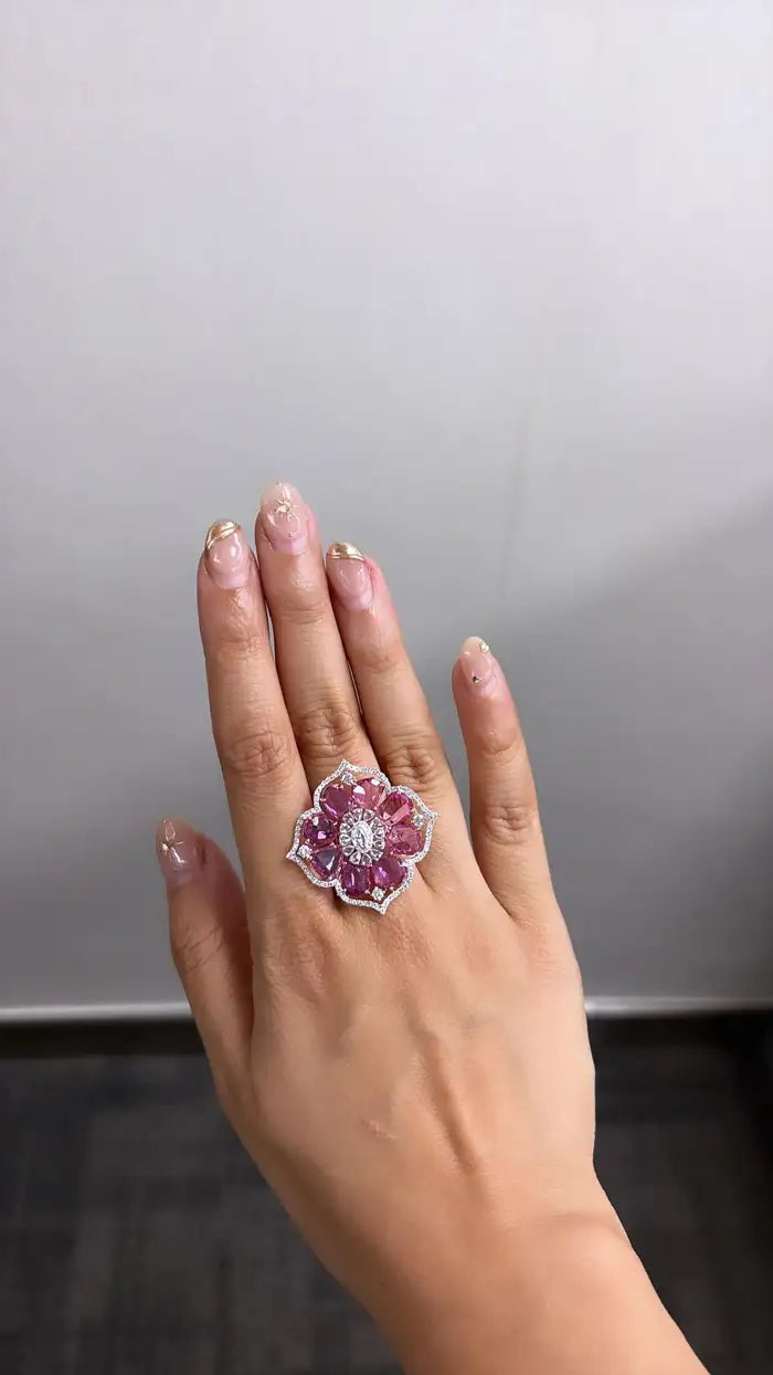 Natural Pink Sapphire Cocktail Ring - 18k Rose Gold Ring With Rose cut Diamonds