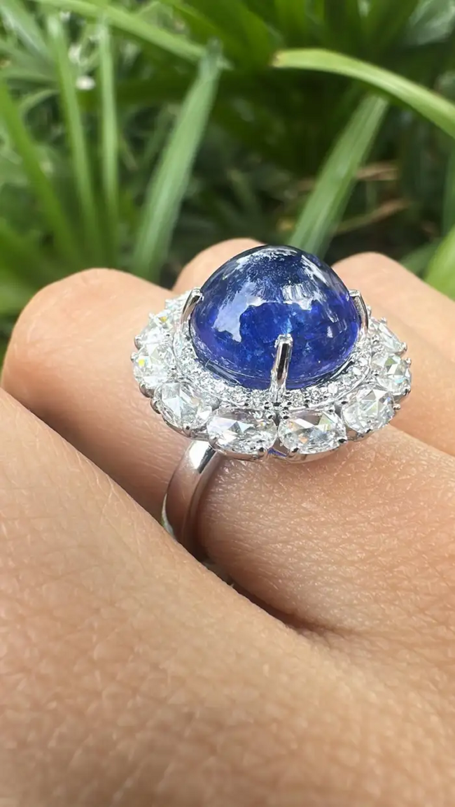 Natural Round Tanzanite & Rose Cut Diamond Cocktail Ring - 18k White Gold Anniversary Gift Ring Main Image