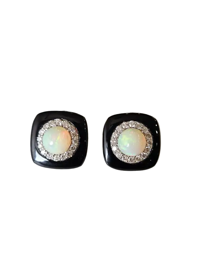 Natural Black Onyx & Ethiopian Opal Stud Earrings - 18k White Gold Diamond Handmade Earrings Hover Image