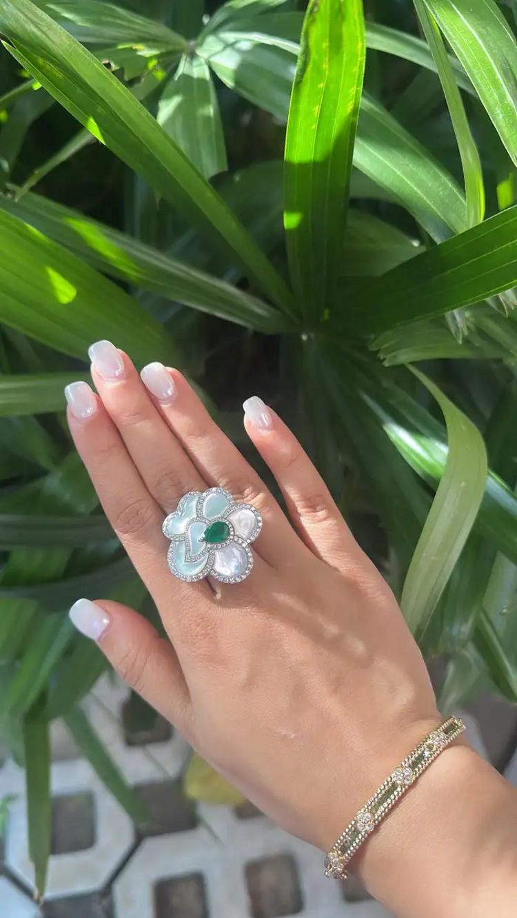 18k White Gold Diamond Cocktail Ring - Natural Mother Of Pearl & Zambian Emerald Ring