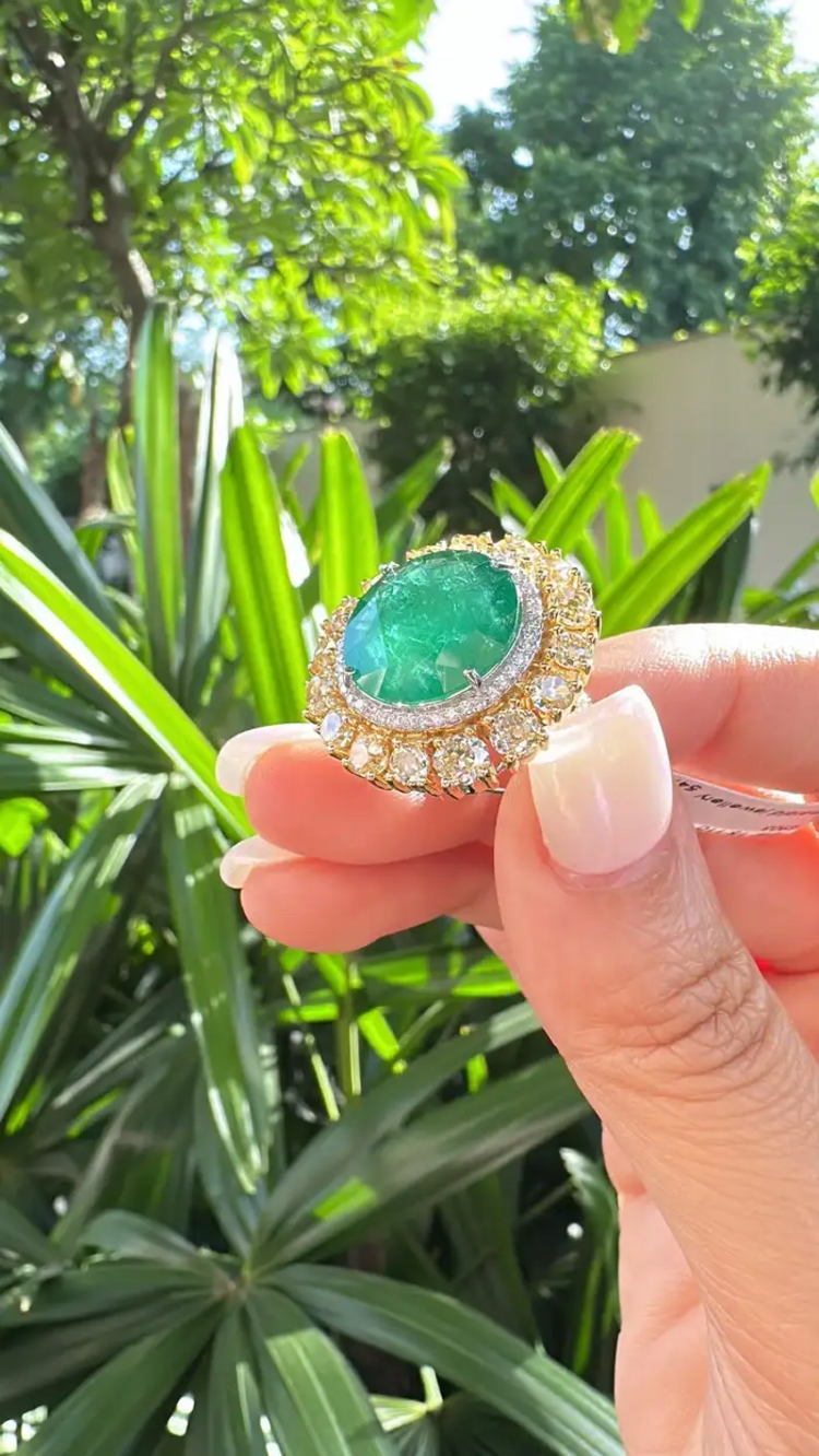 18k White Gold Diamond Cocktail Ring - Natural Zambian Emerald Wedding Ring