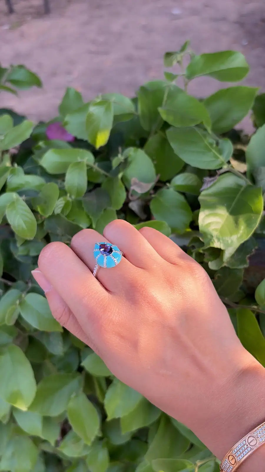 Natural Tanzanite & Turquoise Enamel Wedding Ring - 18k White Gold Diamond Engagement Ring