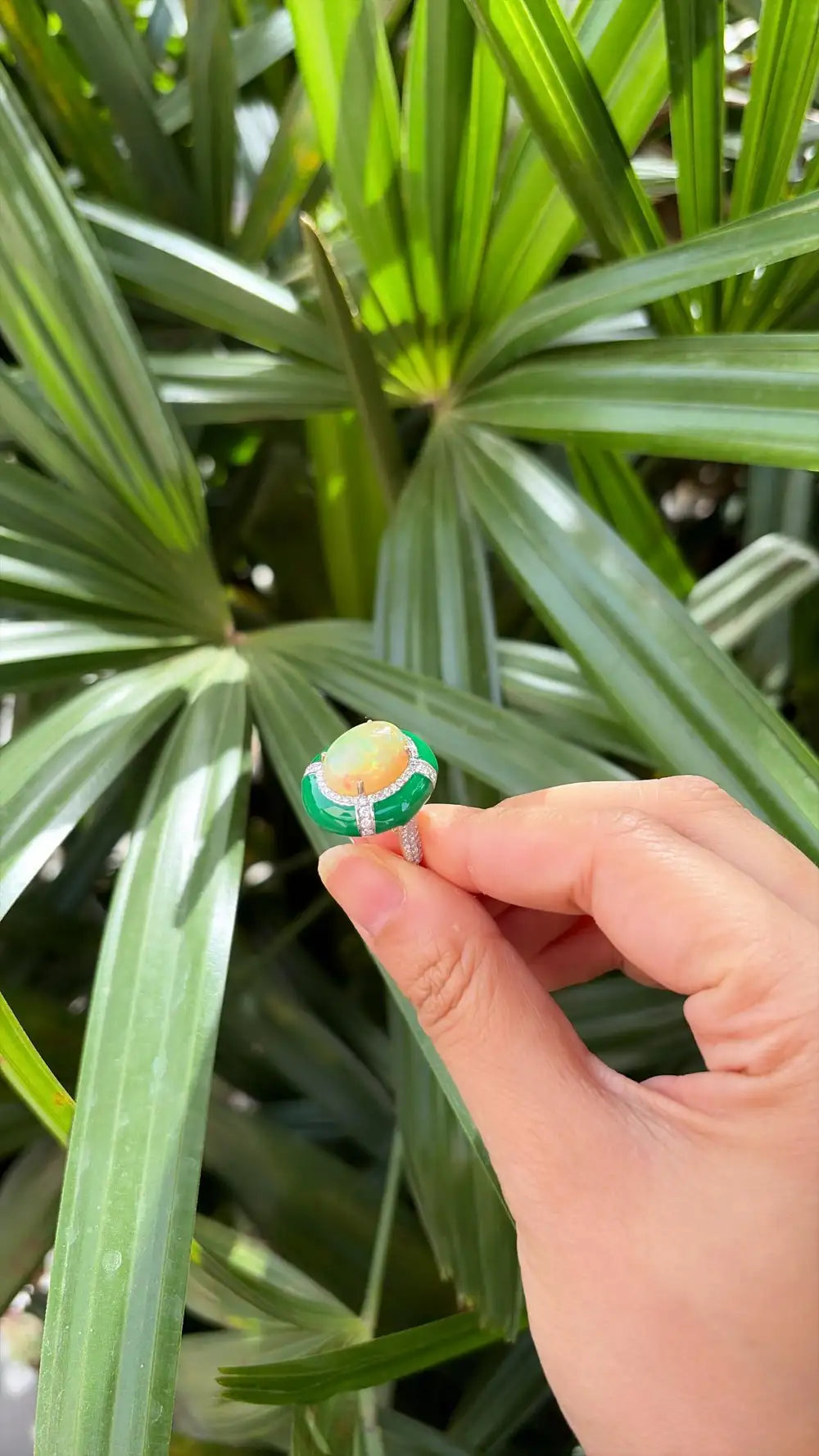 Natural Ethiopian Opal & Green Enamel Cocktail Ring - 18k White Gold Diamond Ring