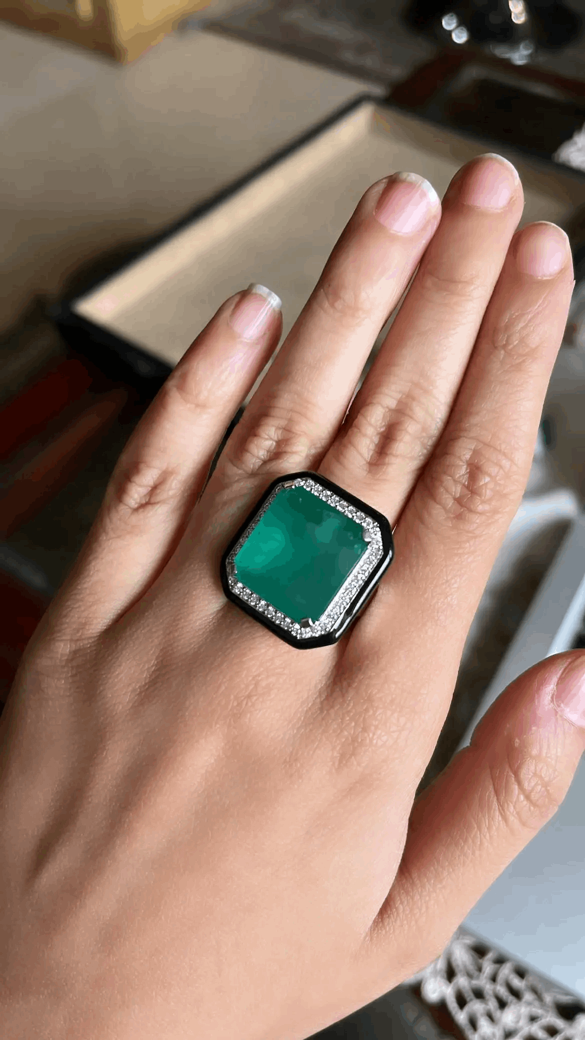 Zambian Emerald 16.72 Carats, Black Enamel & Diamonds Cocktail/ Engagement Ring