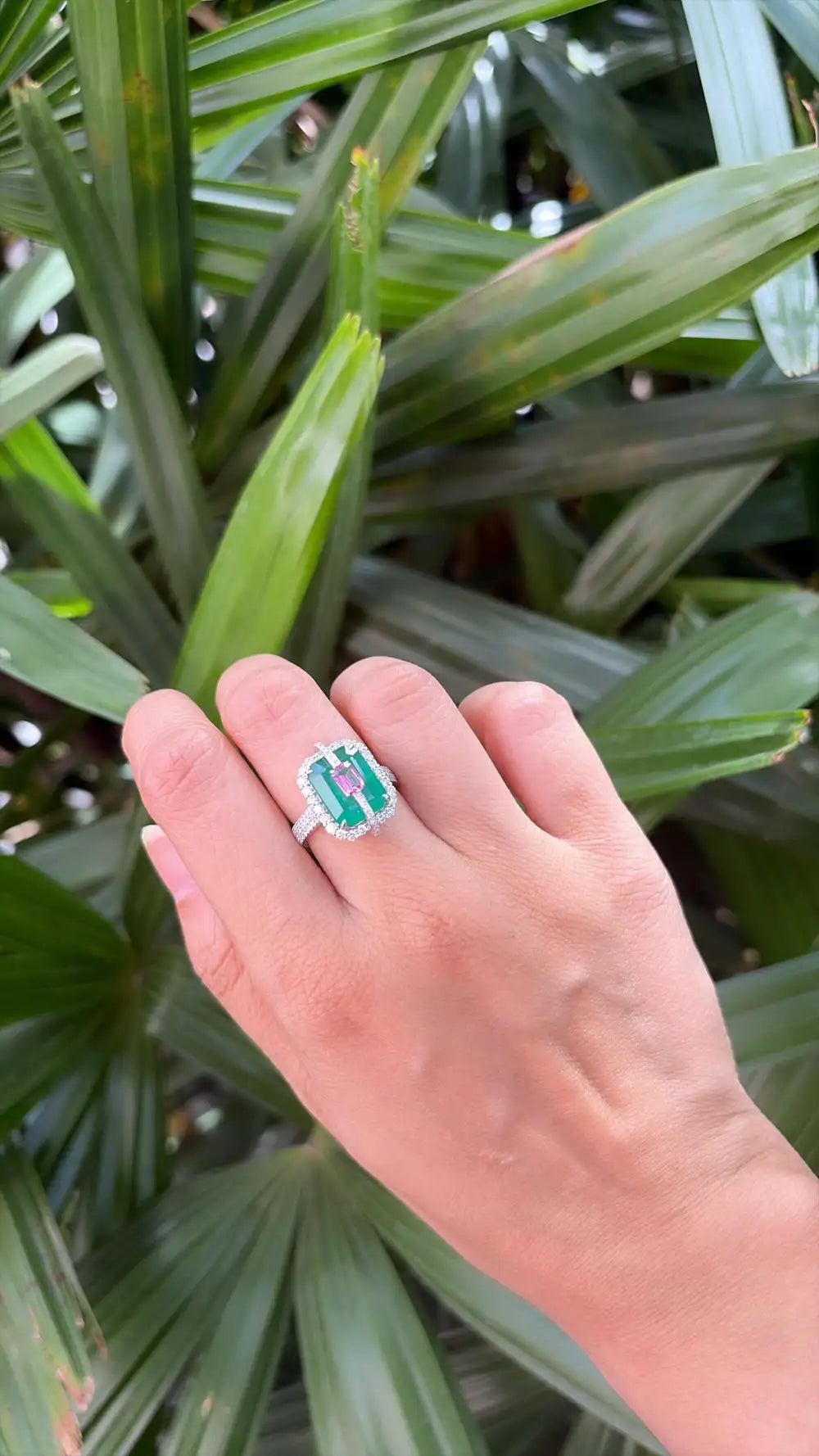 Zambian Emerald & Pink Sapphire Gemstone Ring - 18k White Gold Diamond Ring