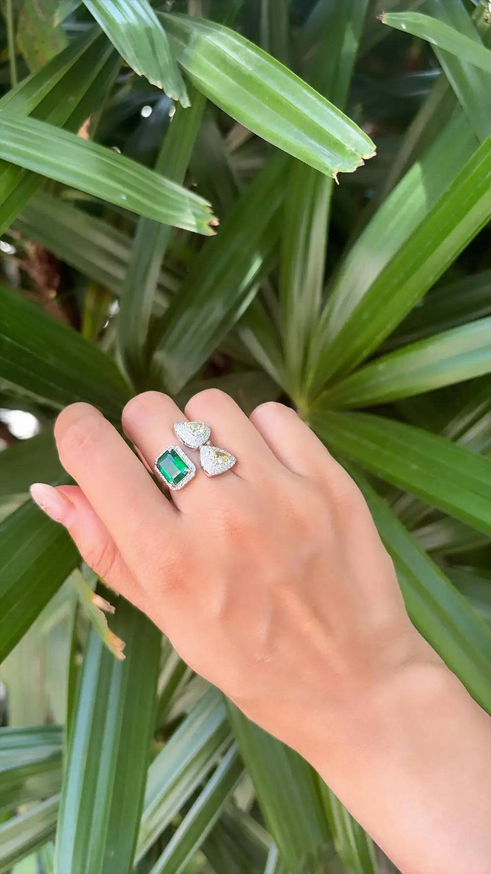 18k White Gold Diamond Wedding Ring - Natural Zambian Emerald Gemstone Ring
