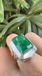 18k White Gold Diamond Ring - Natural Zambian Emerald & Mother Of Pearl Ring