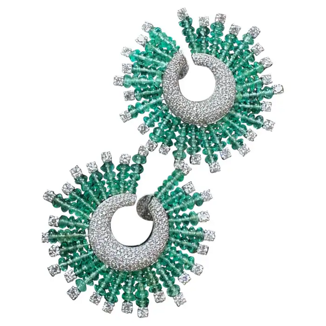 Natural Zambian Emerald Beads Earrings - 18k White Gold Diamond Stud Hoop Wedding Earrings Hover Image