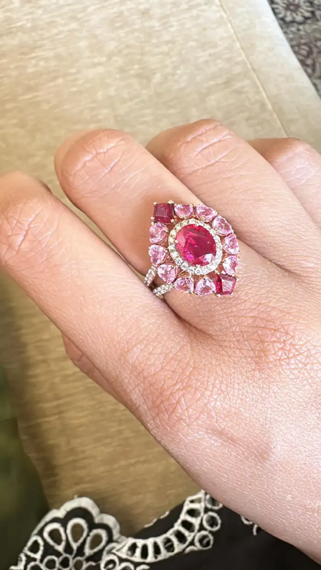 18K Yellow Gold, natural Mozambique Ruby, Pink Sapphire & Diamonds Cocktail Ring Main Image