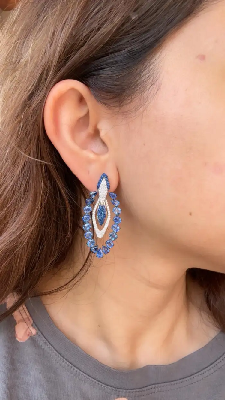 18k White Gold Diamond Earrings - Natural Blue Sapphire Dangle Earrings