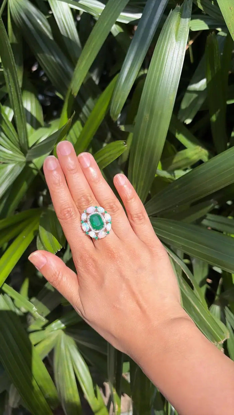 18k White Gold Diamond Ring - Natural Zambian Emerald & Ethiopian Opal Cocktail Ring