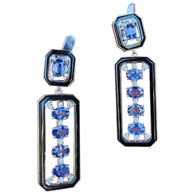 5.59 Ct. Oval Cut Ceylon Blue Sapphire 18k White Gold Earrings - Natural Diamond & Black Onyx Dangle Earrings Hover Image