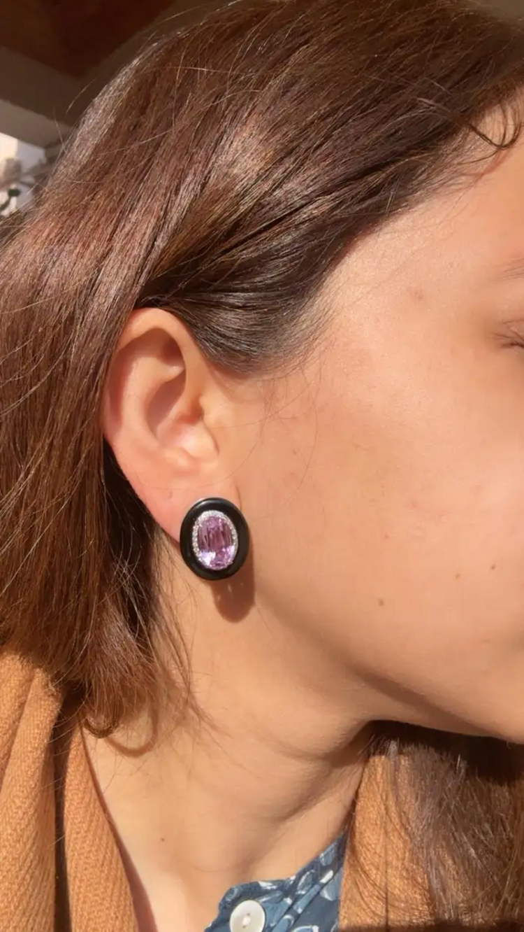Natural Kunzite & Black Onyx Stud Earrings - 18k White Gold Diamond Handmade Earrings