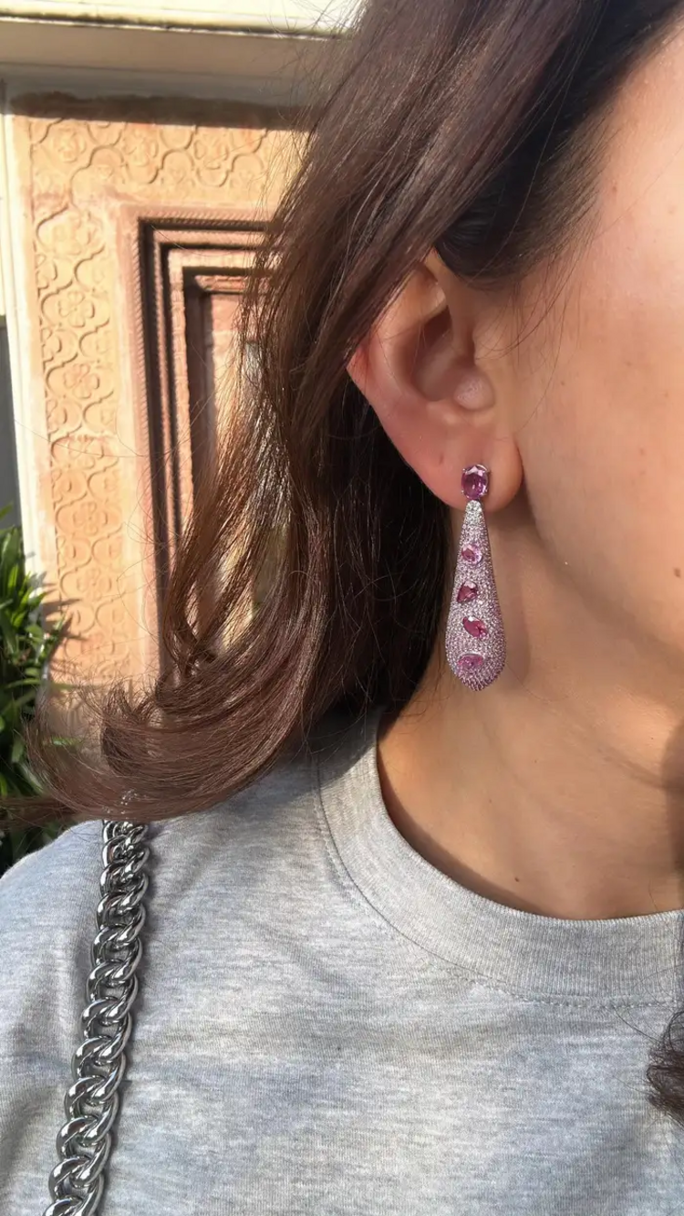 18k White Gold Diamond Dangle Earrings - Natural Pink Sapphire Gemstone Earrings