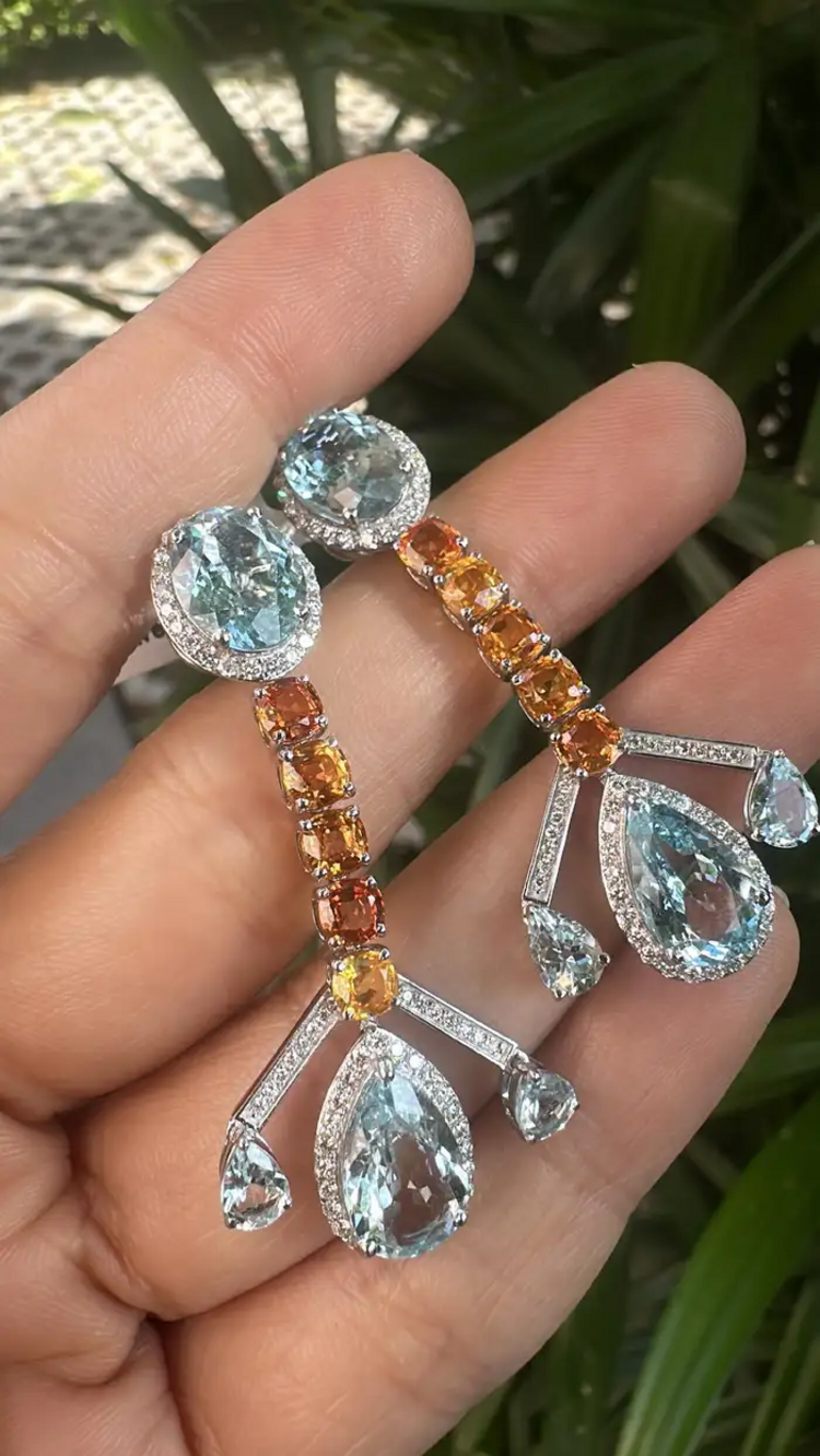 18k White Gold Diamond Handmade Earrings - Natural Aquamarine & Yellow Sapphire Dangle Earrings