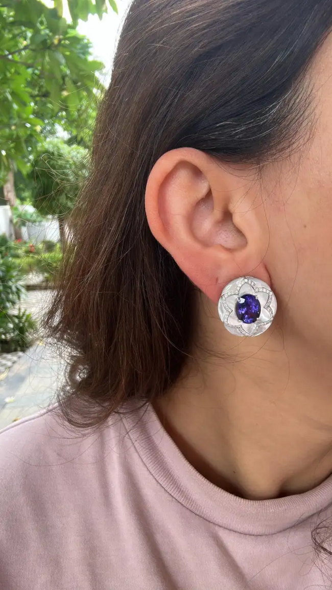 Natural Tanzanite & Mother Of Pearl Stud Earrings - 18k White Gold Diamond Earrings Main Image